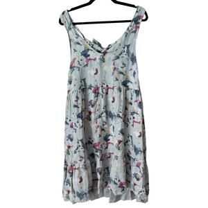 Bellambia Blue Floral Linen Tiered Midi Dress Women's Size Small